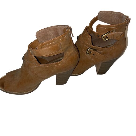 G by Guess camel Open Toe Bootie Block Heels Buckle Zip 9.5‎ Biker Cowgirl work - Picture 2 of 9